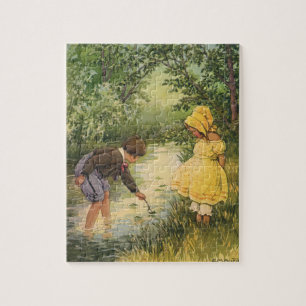 Puzzle Niños Antiguos, Niño y Niña Jugando junto al Arroy