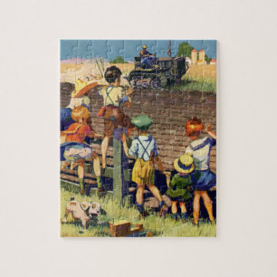 Puzzle Niños antiguos saludando a un agricultor local en 
