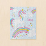 Puzzle Niños con unicornio arcoiris mágico personalizados<br><div class="desc">Un lindo rompecabezas de unicornio para niños con estrellas y un arco iris. ¡Personaliza con su nombre para hacer un regalo divertido para un chica!</div>