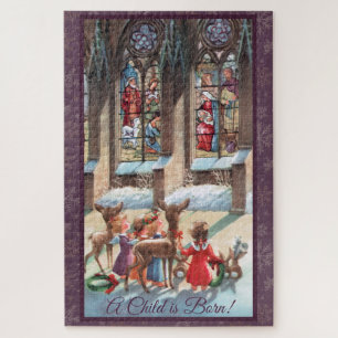 Puzzle Niños en la ventana de la iglesia en Navidad