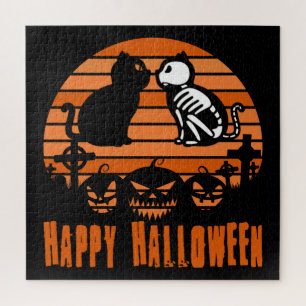 Puzzle Niños Felices Halloween Skeleton Cat Retro Sunset