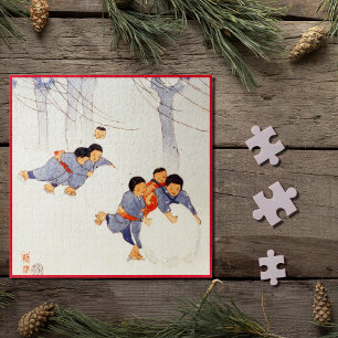 Puzzle Niños japoneses lanzando grandes bolas de nieve ji