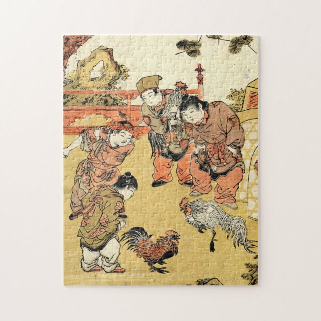Puzzle Niños japoneses ukiyo-e ventilado de Guay y gallo (Vertical)