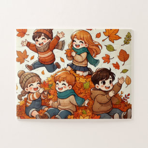 Puzzle Niños jugando con un montón de hojas caídas