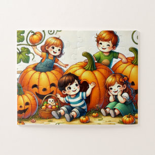 Puzzle Niños jugando en un parche de calabaza
