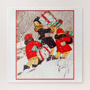 Puzzle Niños luchando con regalos de Navidad en Sno