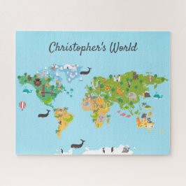 Puzzle Niños Mapa Mundial Animales Monograma moderno Nomb