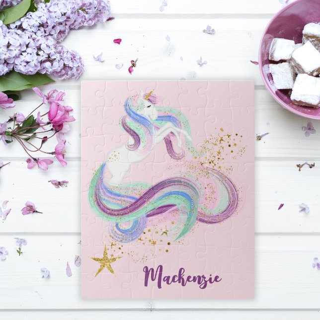 Puzzle Niños personalizados de unicornio floral de bonito (Pretty Floral Unicorn Personalized Kids Jigsaw Puzzle)
