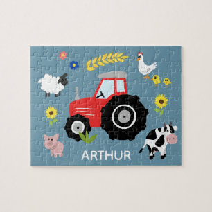 Puzzle Niños Tractor de Granja Azul Cute y niños con nomb
