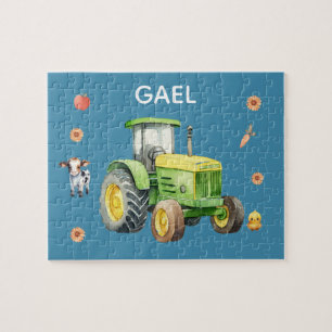 Puzzle Niños Tractor de Granja Azul Cute y niños con nomb