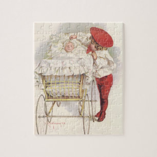 Puzzle Niños Victorianos Antiguos, Niño y Bebé en Cocheci