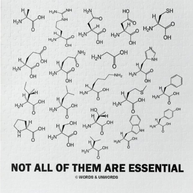 Puzzle No todos son esenciales (20 aminoácidos) (Jigsaw puzzle for any biochemist w/ 20 amino acids & caption "Not All Of Them Are Essential")