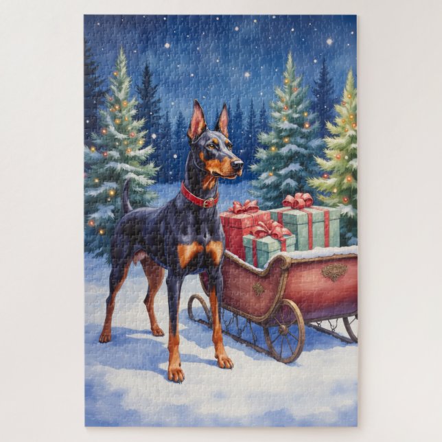 Puzzle Noble Doberman Guarding Christmas Sleigh Winter (Vertical)