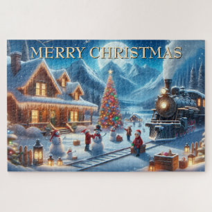 Puzzle Noche de invierno nevada con tren de Navidad y muñ