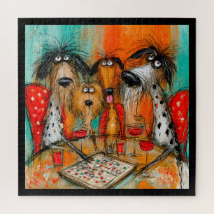 Puzzle Noche de juego de perros juguetones con vino