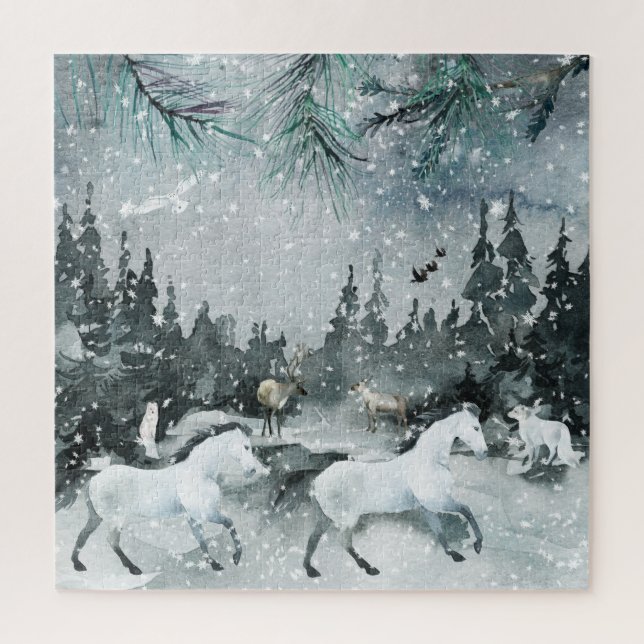 Puzzle Noche Forest Woodland Sky Caballo Blanco y Animale (Vertical)