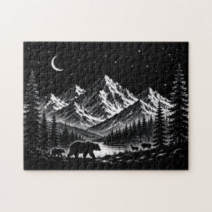 Puzzle Noche Salvaje de Montaña Mística en Estilo Linoleo