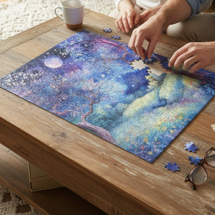 Puzzle Nocturno del bosque encantado iluminado por la lun