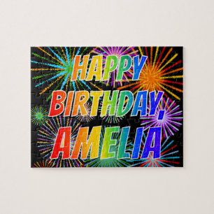 Puzzle Nombre "AMELIA", diversión "FELIZ CUMPLEAÑOS"