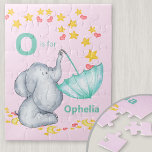 Puzzle Nombre de alfabeto personalizado Chicas elefantes<br><div class="desc">Rompecabezas de elefante lindo para tu niñita con nombre de alfabeto personalizado. La plantilla está configurada para que añada su nombre e inicial, que se graba en tipografía en negrita. El diseño tiene un elefante lindo que atrapa estrellas en caída y ama el corazón en un paraguas. Tiene una paleta...</div>