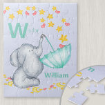 Puzzle Nombre de alfabeto personalizado elefante cutáneo<br><div class="desc">Rompecabezas de elefante lindo para tu niño con el nombre del alfabeto personalizado. La plantilla está configurada para que añada su nombre e inicial, que se graba en tipografía en negrita. El diseño tiene un elefante lindo que atrapa estrellas en caída y ama el corazón en un paraguas. Tiene una...</div>