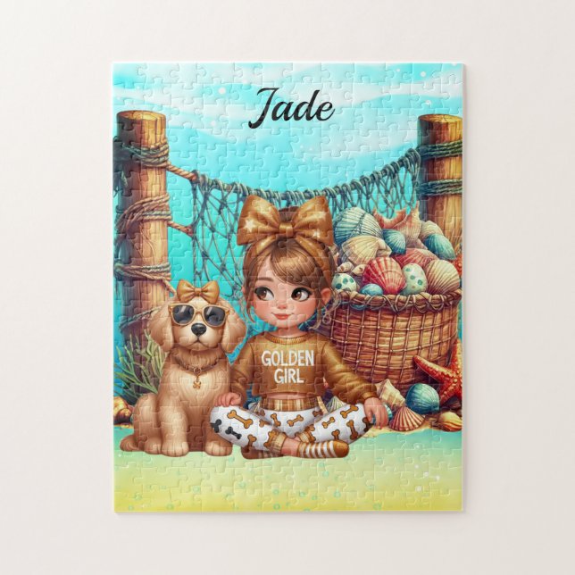 Puzzle Nombre de Chica personalizado sentado con su cacho (Vertical)