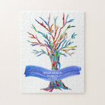 Puzzle Nombre de familia árbol moderno<br><div class="desc">Este elegante rompecabezas está decorado con un colorido diseño de árbol familiar y un trazo de pincel de color azul.
Personalizar con el apellido y el año de establecimiento.
El árbol se hizo originalmente en mosaico usando pequeños trozos de vidrio de color.
Original Mosaico © Michele Davies.</div>