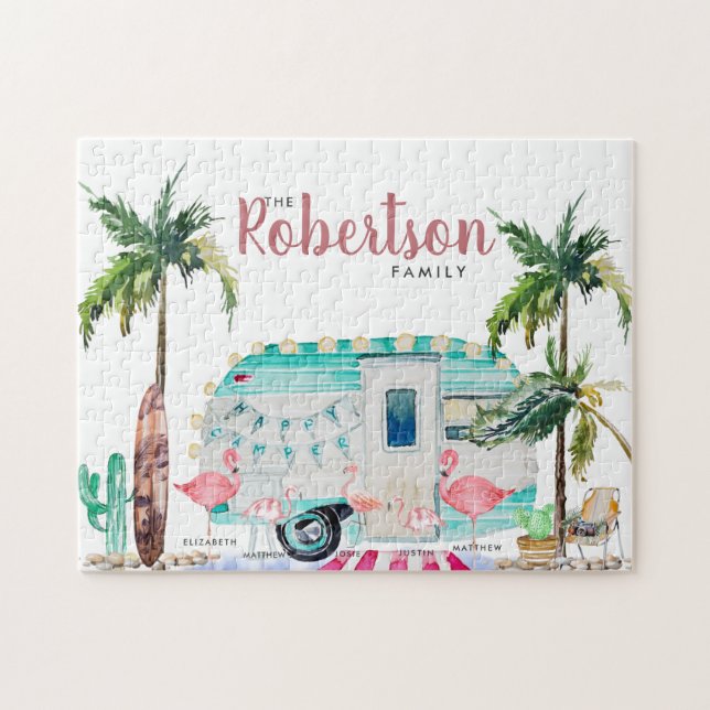 Puzzle Nombre de familia| Familia Flamingo personalizada (Horizontal)