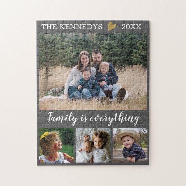 Puzzle Nombre de familia personalizado Cita 4 Gris Collag (Vertical)