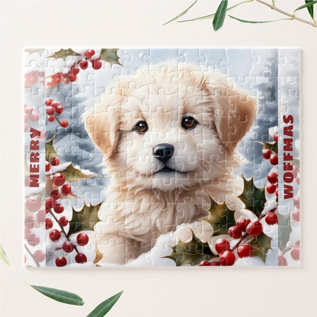 Puzzle Nombre de Navidades de Cachorro de Oro de Perro Cu (Cute Dog Golden Retriever Puppy Christmas Name Jigsaw Puzzle)