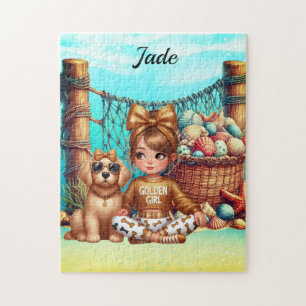 Puzzle Nombre de niña personalizado sentada con su cachor