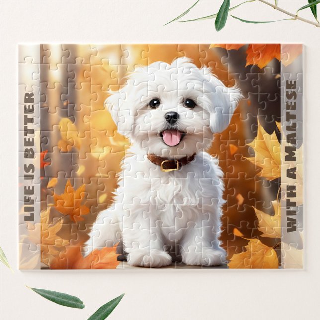 Puzzle Nombre de otoño de la calabaza de cachorro maltesa (Cute Dog Maltese Puppy Pumpkin Fall Autumn Name Jigsaw Puzzle)
