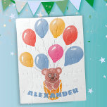 Puzzle Nombre del niño de Oso de Teddy y Globos<br><div class="desc">Rompecabezas de jigsaw con el nombre del niño de Teddy y los globos. Globos en azul,  rojo,  rosa y amarillo. Dibujo de oso de peluche. Añade tu nombre.</div>