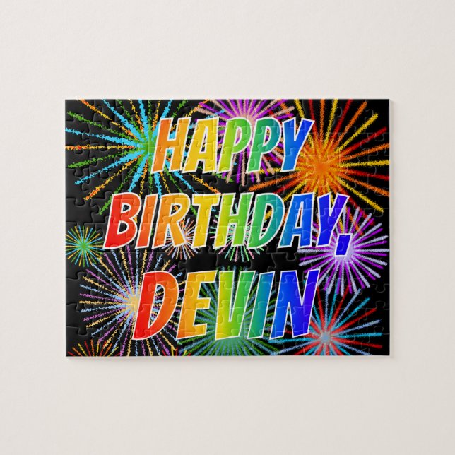 Puzzle Nombre "DEVIN", diversión "FELIZ CUMPLEAÑOS" (Horizontal)