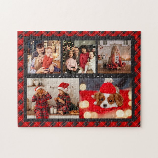 Puzzle Nombre familiar 5 Collage de fotos Red Plaid Moder (Horizontal)