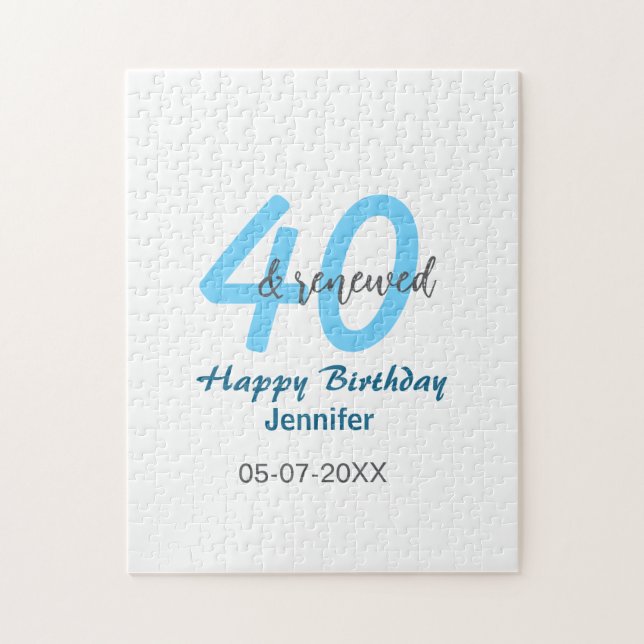 Puzzle nombre fecha cumpleaños 40 y renovado azul número  (Vertical)
