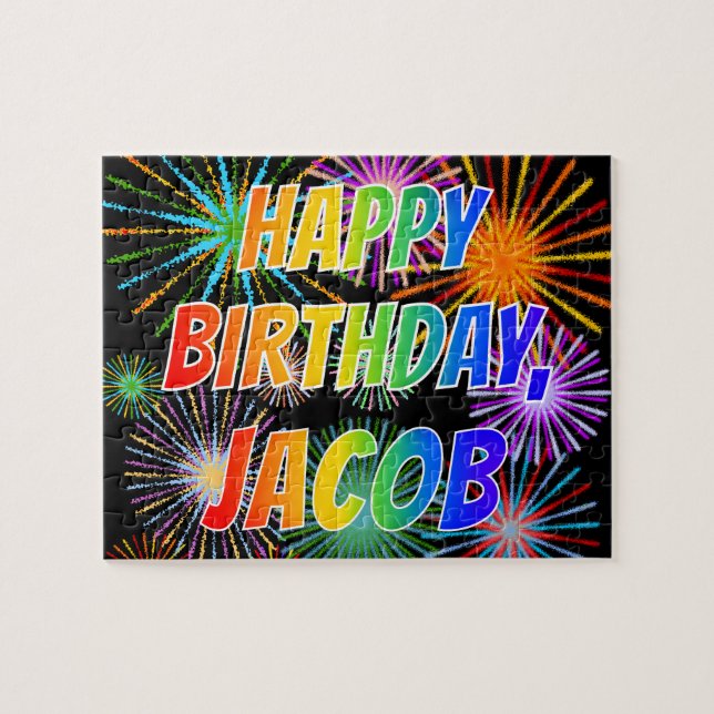 Puzzle Nombre "JACOB", Diversión "FELIZ CUMPLEAÑOS" (Horizontal)