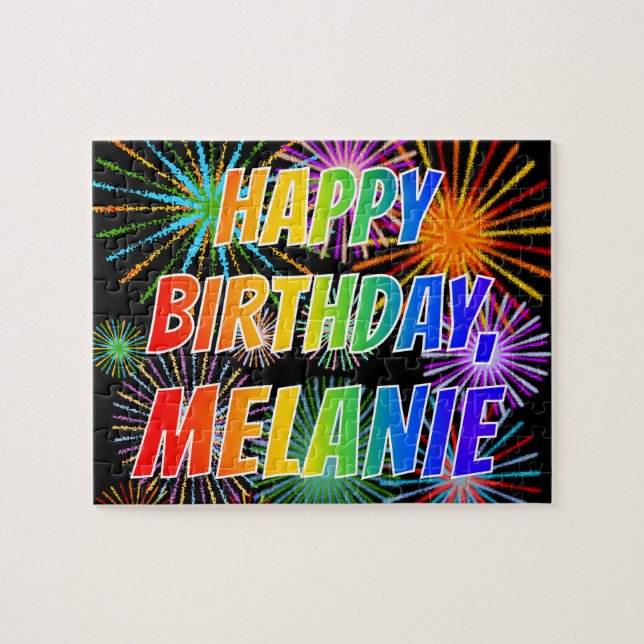 Puzzle Nombre "MELANIE", Diversión "FELIZ CUMPLEAÑOS" (Horizontal)