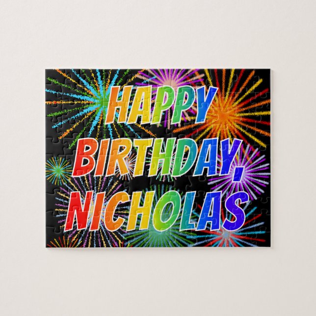 Puzzle Nombre "NICHOLAS", diversión "FELIZ CUMPLEAÑOS" (Horizontal)