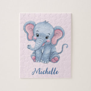 Puzzle Nombre personalizado Chica de elefante azul rosado