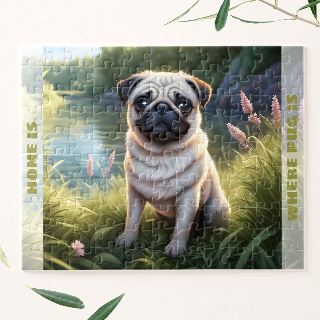 Puzzle Nombre personalizado de cachorro de perro con porc (Cute Dog Pug Puppy Custom Name Jigsaw Puzzle)