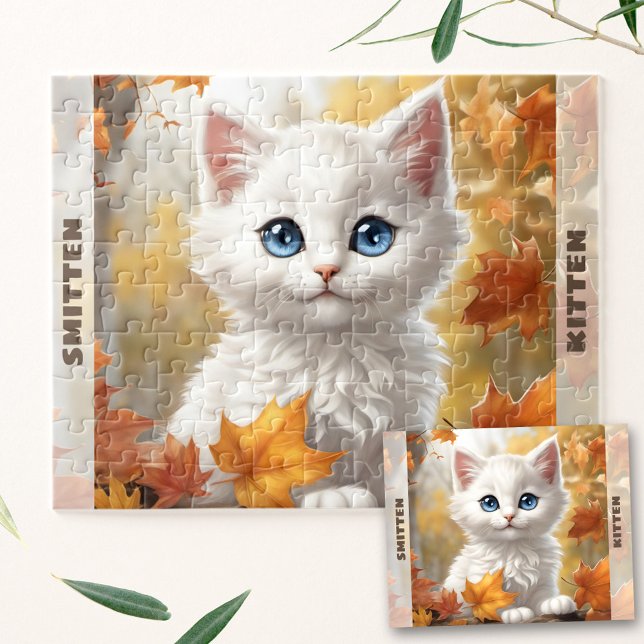 Puzzle Nombre personalizado de gato blanco lindo gatito o (Cute White Cat Kitten Fall Autumn Custom Name Jigsaw Puzzle)