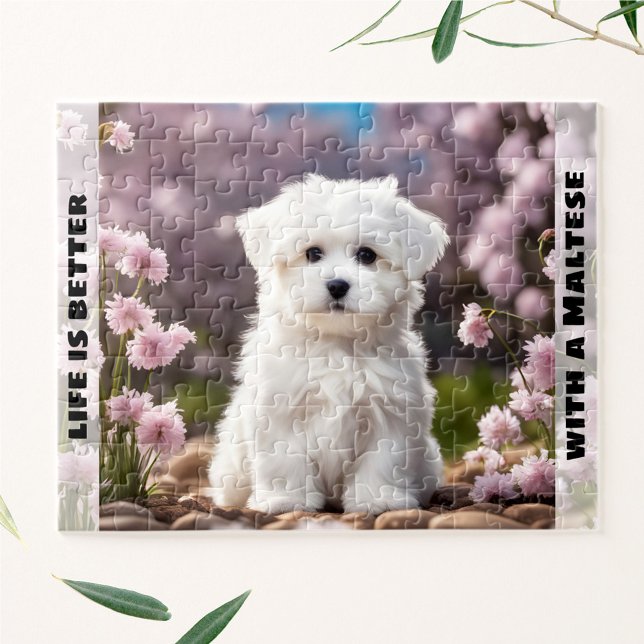 Puzzle Nombre personalizado de la flor de la primavera de (Cute Dog Maltese Puppy Spring Floral Custom Name Jigsaw Puzzle)
