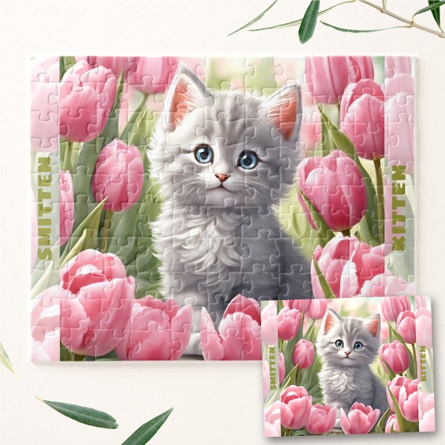 Puzzle Nombre personalizado de la flor de tulipano del ga (Cute Kitten Cat Spring Tulip Floral Custom Name Jigsaw Puzzle)
