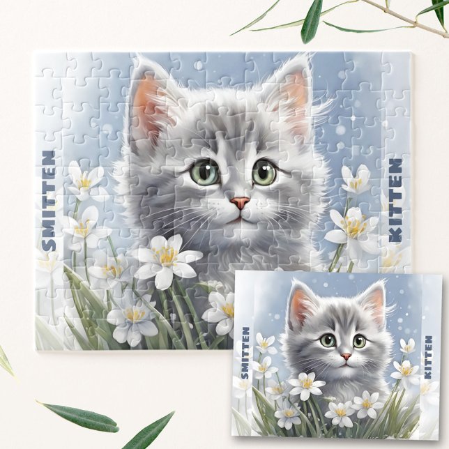 Puzzle Nombre personalizado de la floral de primavera de  (Cute Kitten Cat Winter Spring Floral Custom Name Jigsaw Puzzle)