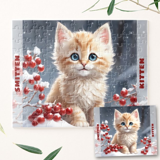 Puzzle Nombre personalizado de los Navidades de invierno  (Cute Cat Kitten Winter Christmas Custom Name Jigsaw Puzzle)