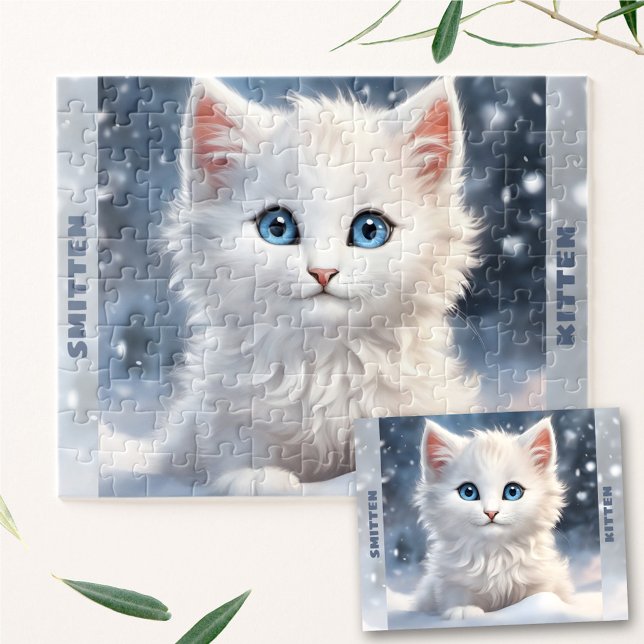 Puzzle Nombre personalizado de nieve de invierno de gatit (Cute White Kitten Cat Winter Snow Custom Name Jigsaw Puzzle)