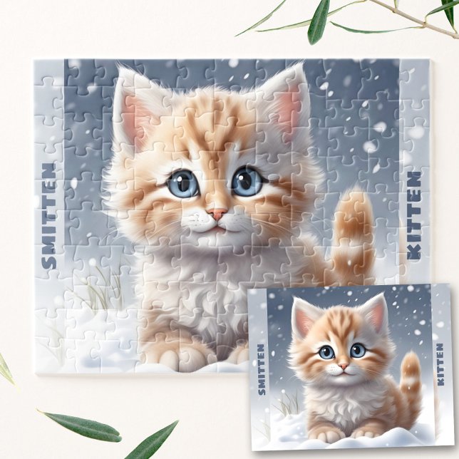 Puzzle Nombre personalizado de nieve de invierno de gatit (Cute Kitten Cat Winter Snow Custom Name Jigsaw Puzzle)