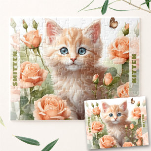 Puzzle Nombre personalizado de verano floral de gato Rosa
