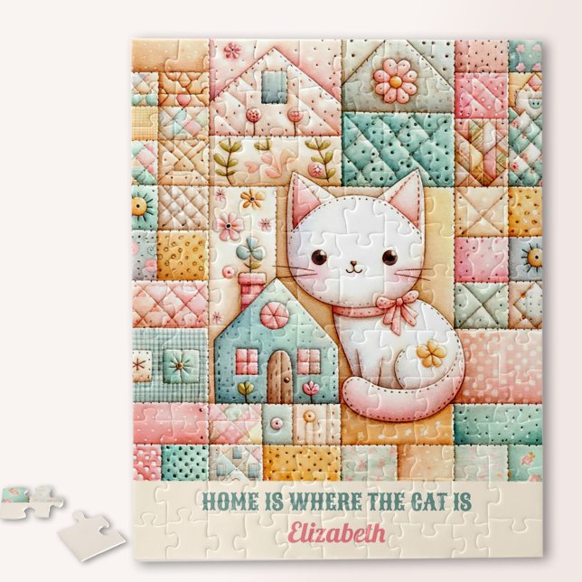 Puzzle Nombre personalizado del paquete de trama de la ca (Cute Cat House Quilt Patchwork Pastel Custom Name Jigsaw Puzzle)